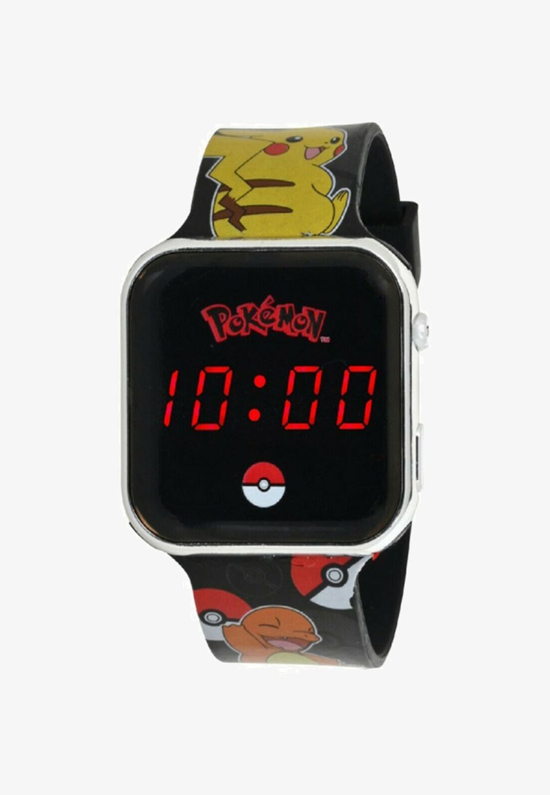 Orologio digitale Pokémon con cinturino in silicone nero e design di Pikachu e Charmander. Cassa quadrata che mostra l'ora in cifre rosse.
