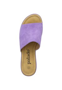 Purple slide sandal featuring a crisscross design, faux leather upper, and cushioned insole with a tan footbed and brand logo.