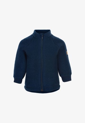Giacca in pile blu navy con collo alto, chiusura frontale con zip e polsini a coste. Tessuto morbido con maniche raglan e orlo arrotondato.