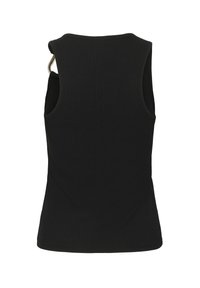 Sort ribbet tanktop med brede armhuller og rund halsudskæring, der har en metalaccent på den ene skulder. Strikket tekstureret stof.