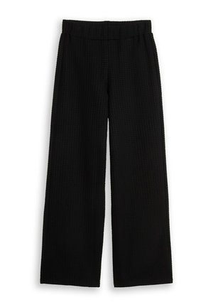Schwarze weite Hose mit elastischem Bund und subtil strukturiertem Muster, flach auf weißem Hintergrund präsentiert.