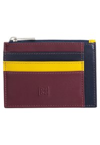 Leather wallet in burgundy, navy, and yellow. Features a zippered closure and multiple card slots. Textured finish with visible stitching.