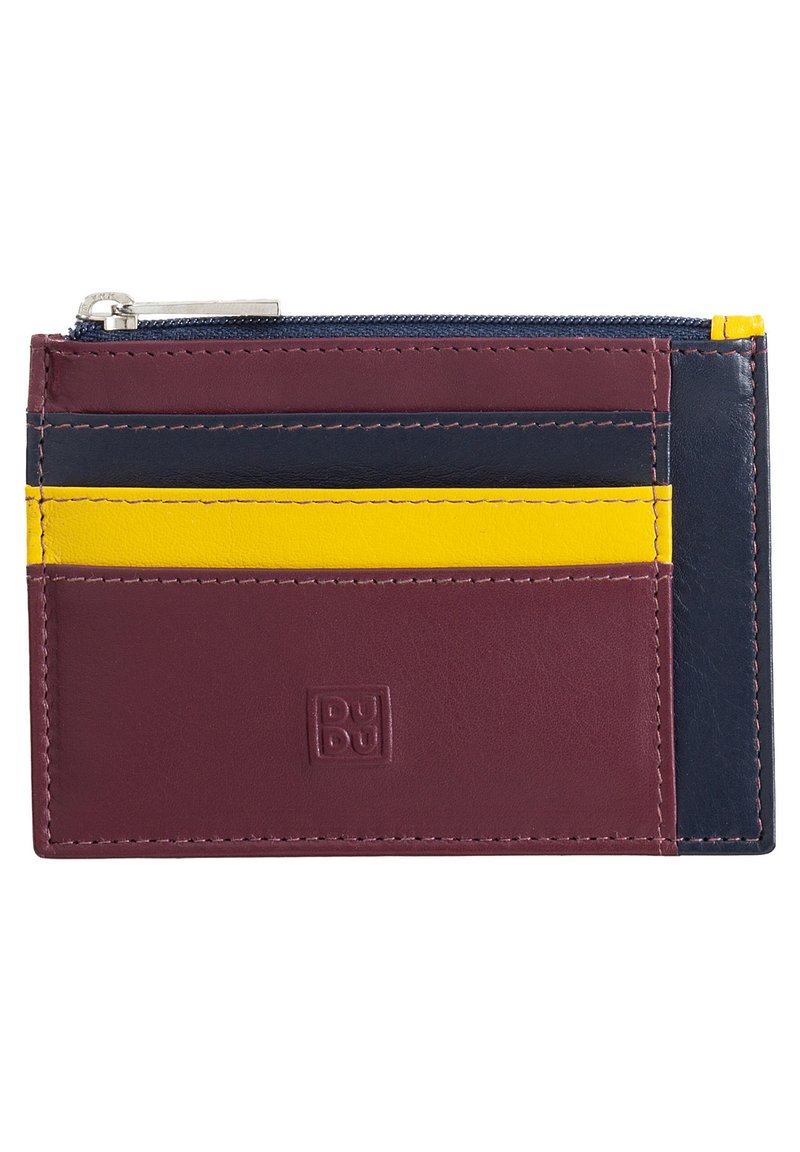 Leather wallet in burgundy, navy, and yellow. Features a zippered closure and multiple card slots. Textured finish with visible stitching.