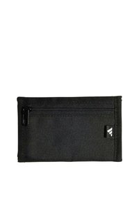 Portafoglio nero in nylon con scomparto con cerniera. Forma rettangolare, superficie texturizzata e logo del marchio nell'angolo in basso a destra.