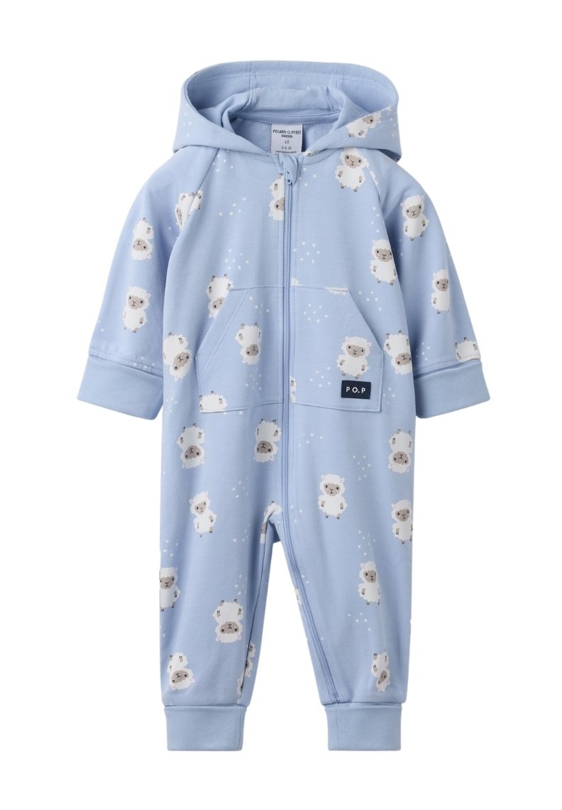 Lichtblauwe capuchononesie van zacht materiaal, met een patroon van cartoon-schapen, een rits aan de voorkant en een zijzak met een logopatch.
