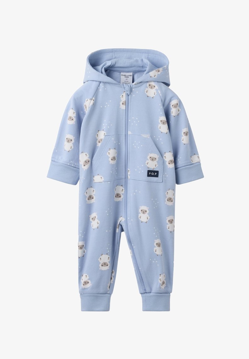 Lichtblauwe capuchononesie van zacht materiaal, met een patroon van cartoon-schapen, een rits aan de voorkant en een zijzak met een logopatch.