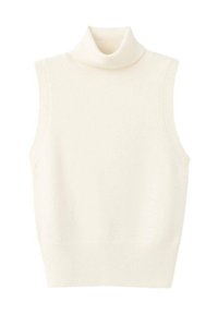Top fără mâneci cu guler înalt din material moale, de culoare crem. Are guler și tiv nervurate, textură netedă și siluetă ajustată.