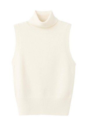 Brezrokavnik z visokim ovratnikom iz mehke, kremne tkanine. Ima rebrasti ovratnik in rob, gladko teksturo ter oprijet kroj.