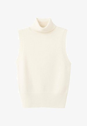 Brezrokavnik z visokim ovratnikom iz mehke, kremne tkanine. Ima rebrasti ovratnik in rob, gladko teksturo ter oprijet kroj.