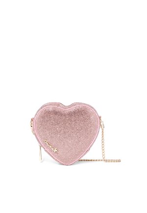 Kleine rosa herzförmige Geldbörse mit Glitzertextur, goldenem Reißverschluss, Schriftzug-Logo und einem goldenen Kettenriemen.