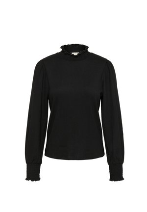 Black long-sleeve top with a high ruffled collar, textured fabric, and gathered sleeves at the cuffs, featuring a relaxed fit.