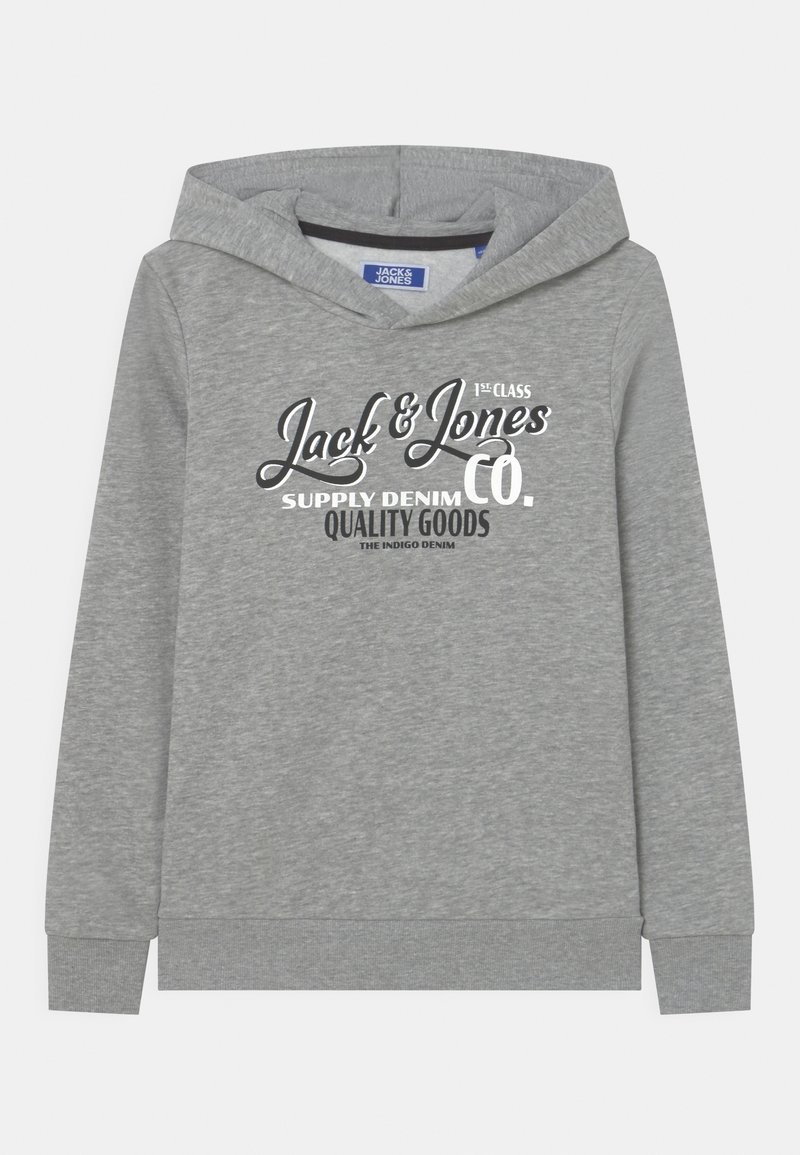 Sweat à capuche gris à manches longues, avec poignets côtelés et texte "Jack & Jones Supply Denim Co. Quality Goods" sur le devant.