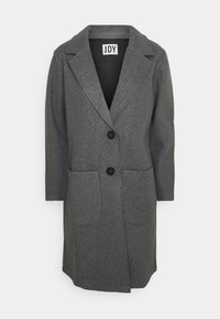 Abrigo gris de mezcla de lana con cuello de solapa, cierre de un botón, dos bolsillos frontales y mangas largas. Textura lisa con un ajuste estructurado.