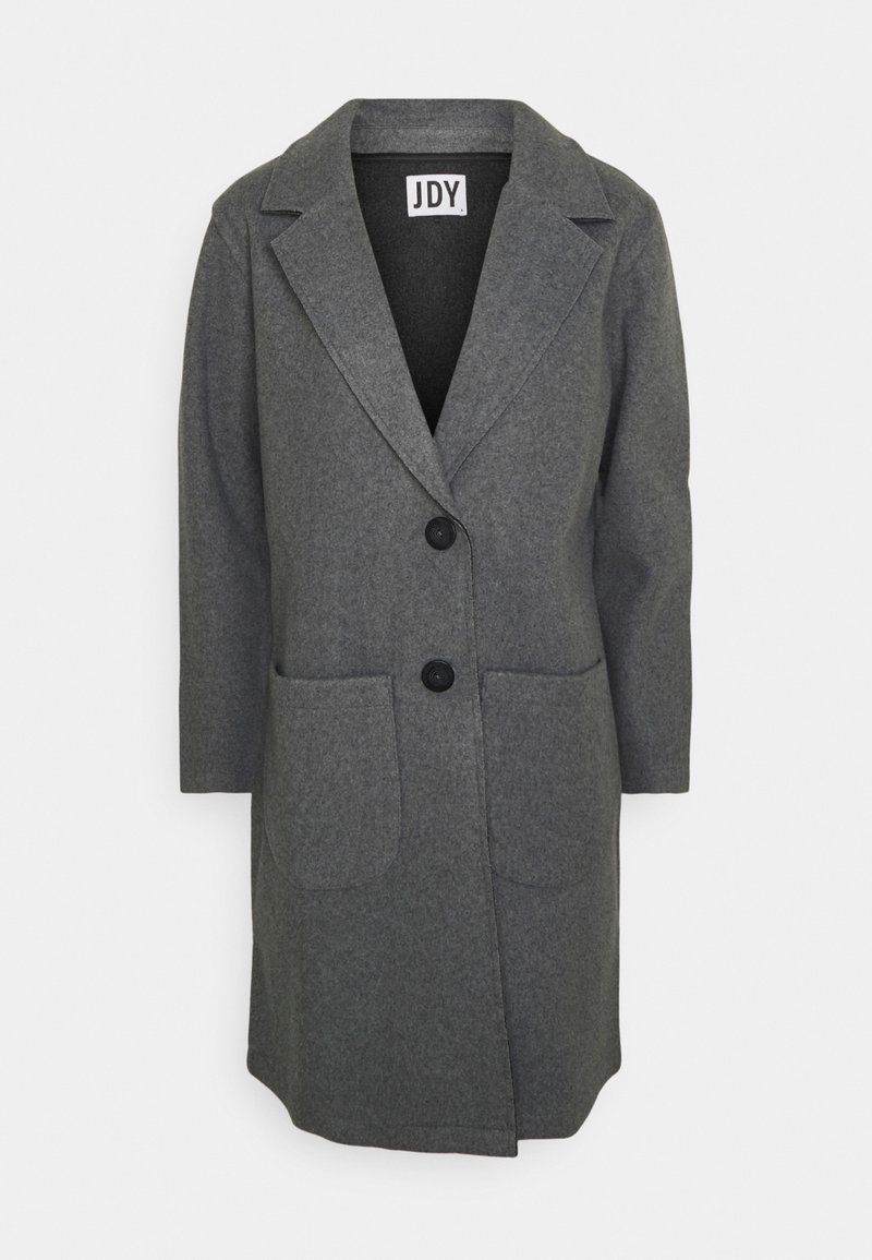 Abrigo gris de mezcla de lana con cuello de solapa, cierre de un botón, dos bolsillos frontales y mangas largas. Textura lisa con un ajuste estructurado.