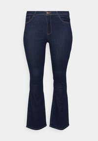 Tumma siniset leveälahkeiset farkut, jotka on valmistettu denimmistä, varustettu tavallisella vyötärönauhalla, etutaskuilla ja erottuvalla ompeleella, sileä pinta.