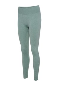 Højttaljede leggings i fuld længde lavet i blødt grønt strikstof, designet til en tæt og behagelig pasform.