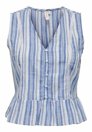 Mėlynos ir baltos dryžuotos be rankovių palaidinė su V formos iškirpte, priekiniais mygtukais ir platėjančiu peplumo juostos apdailu. Audinys su tekstūra ir nėrinių akcentais.