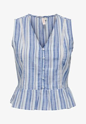 Kék és fehér csíkos ujjatlan blúz V-nyakkal, elöl gombokkal és fodros peplum aljjal. Texturált anyag csipke részletekkel.