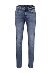 Mörkblå denimjeans med slim fit, femfickorsdesign och lätt blekning. Har dragkedja och bälteshällor.