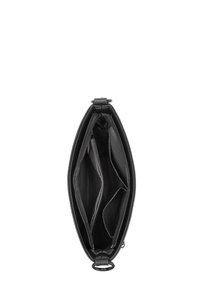 Black leather handbag with an oval shape, featuring a zippered top, three compartments, and a textured interior pattern.