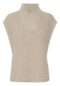 Beige gestricktes ärmelloses Top mit hohem Kragen, ausgestattet mit einem Reißverschluss und einem goldenen Ring-Zipper, mit durchgehendem strukturiertem Muster.