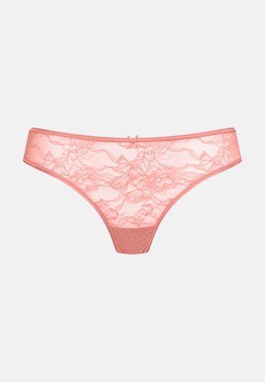 Lace thong in light pink, featuring floral patterns, a smooth waistband, and a small bow accent at the center front.