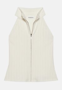 Top senza maniche a costine di colore crema con colletto alto e cerniera frontale. Tessuto liscio, design aderente e orlo svasato. Etichetta: even&odd.