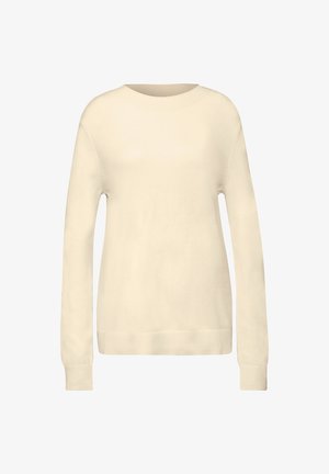 Suéter de pullover de color crema claro, con cuello redondo, mangas largas, puños y dobladillo acanalados, hecho de una suave tela de punto, textura lisa, sin patrones.