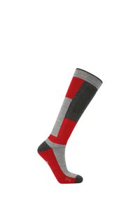 Kniestrümpfe mit einem rot-grau-schwarzen geometrischen Muster. Aus weichem Material mit geripptem Bündchen oben und verstärkter Zehenpartie.