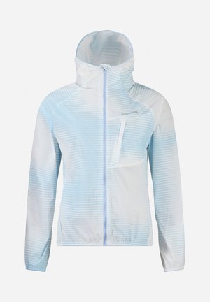 Chaqueta con capucha de rayas azul claro y blanco, con cremallera frontal y bolsillo diagonal con cremallera en el pecho, mangas largas y puños elásticos.