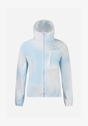 Chaqueta con capucha de rayas azul claro y blanco, con cremallera frontal y bolsillo diagonal con cremallera en el pecho, mangas largas y puños elásticos.