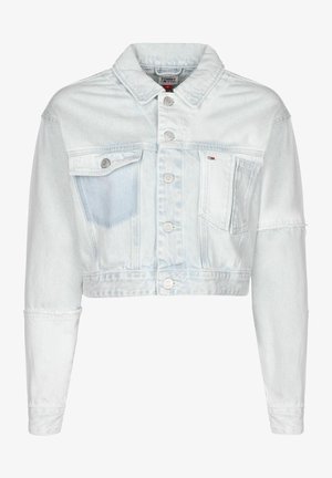 Light blue cropped denim jacket with button front, two chest pockets, and long sleeves from Tommy Jeans.