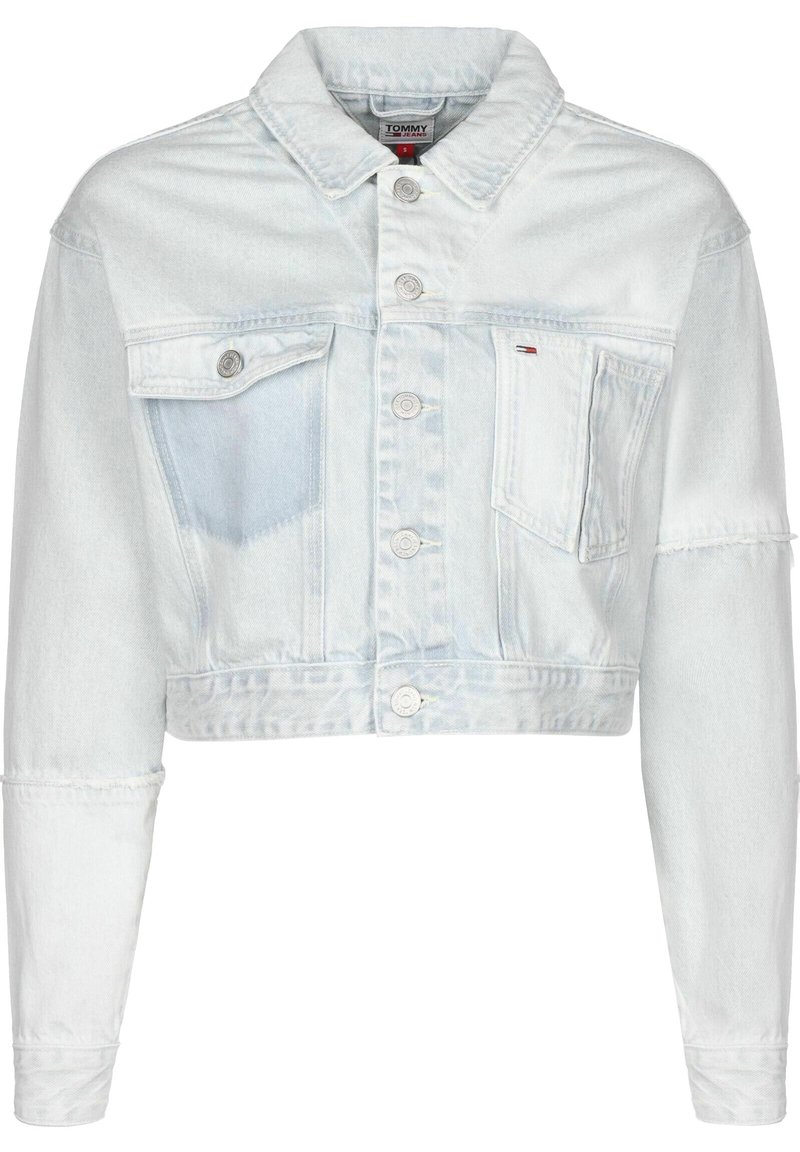 Light blue cropped denim jacket with button front, two chest pockets, and long sleeves from Tommy Jeans.