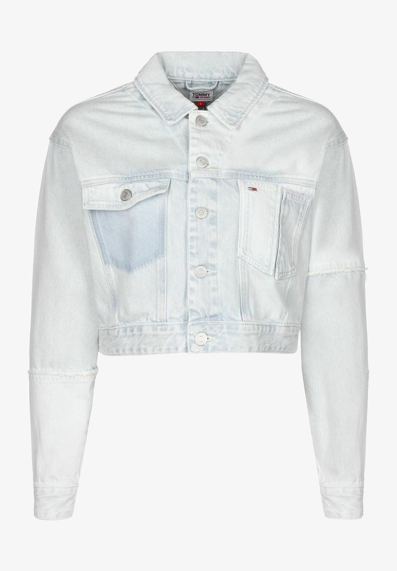 Light blue cropped denim jacket with button front, two chest pockets, and long sleeves from Tommy Jeans.