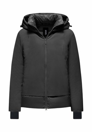 Giacca invernale imbottita nera con zip frontale, cappuccio attaccato e polsini a costine estesi sulle maniche.