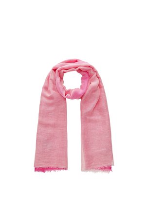 Roze lichte sjaal met een zachte textuur, losjes met franjes aan de randen op een witte achtergrond.