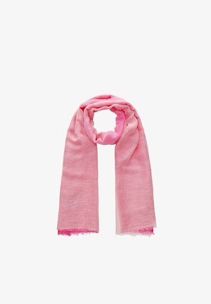 Roze lichte sjaal met een zachte textuur, losjes met franjes aan de randen op een witte achtergrond.