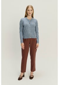 Jasnoniebieski dzianinowy kardigan z okrągłym dekoltem, teksturowanym wzorem i pięcioma złotymi guzikami, w połączeniu z brązowymi spodniami dopasowanymi.