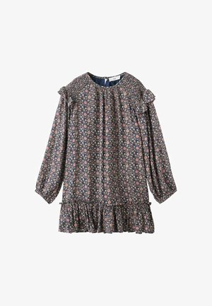 Rochie lungă cu mâneci lungi, cu un imprimeu floral în nuanțe închise, cu volane la tiv și pe umeri, decolteu plisat și manșete elastice.