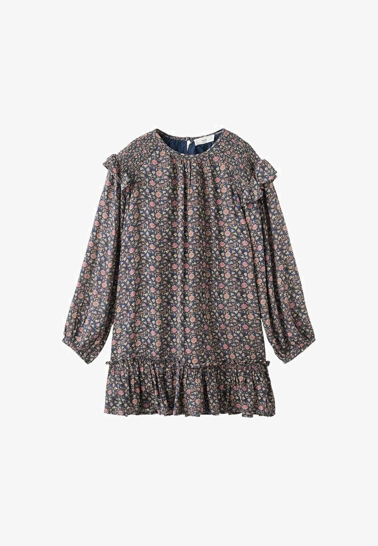 Tmavě květinové šaty s dlouhým rukávem, volány na spodním lemu a ramenech, nařasený výstřih a elastické manžety.