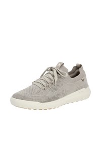 Baskets de sport beige clair en maille respirante, dotées d'une surface texturée, de lacets plats, d'un col rembourré et de semelles en caoutchouc avec traction.