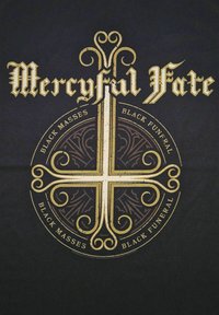 Svart t-shirt med en guldig design med ett stort kors i centrum, omgivet av cirkulär text som inkluderar "BLACK MASSES" och "BLACK FUNERAL."
