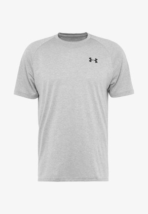Gray short-sleeve athletic shirt made of a lightweight fabric. Features a black logo on the chest and raglan sleeves for ease of movement.