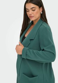 Žalias struktūruotas švarkas su išpjautu apykakle, per didelis, su priekiniais kišeniais. Lygus audinys ir sukti rankogaliai pabrėžia dizainą.