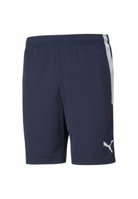 Granatowe szorty sportowe z elastycznym pasem, siateczkowymi panelami bocznymi oraz białym logo na dolnej lewej nogawce. Gładki, lekki materiał.