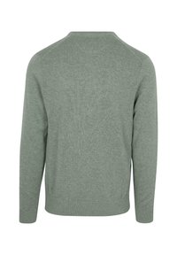 Lichtgroene pullover trui met ronde hals en lange mouwen. Gemaakt van een zachte stof, met ribgebreide manchetten en zoom. Achteraanzicht weergegeven.