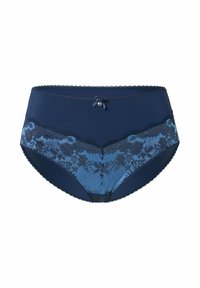 Námořnické modré dámské kalhotky s krajkovým květinovým vzorem na přední straně, s okrajem ve tvaru vlny a malou mašlí s dekoračním korálkem uprostřed pasu.