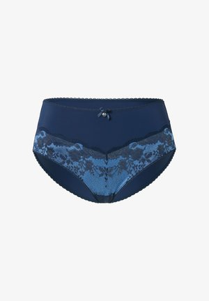 Briefs da donna blu navy con motivo floreale in pizzo sulla parte frontale, bordo ondulato, e un piccolo fiocco con un charm decorativo al centro della fascia in vita.