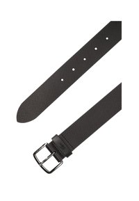 Black perforated leather belt with a sleek silver metal buckle. Features a smooth texture and multiple adjustment holes along the strap.