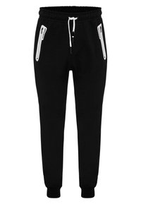 Schwarze Jogginghose mit elastischem Bund und weißem Kordelzug. Verfügt über seitliche Reißverschlusstaschen und Bündchen am Knöchel für einen figurbetonten Look.